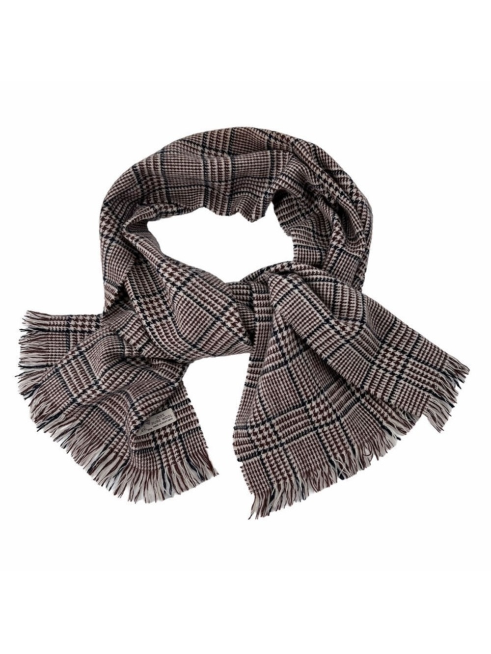 Vintage Hilltop Scotland 100% Wool Scarf Black Brown Plaid Unisex 54" x 12"